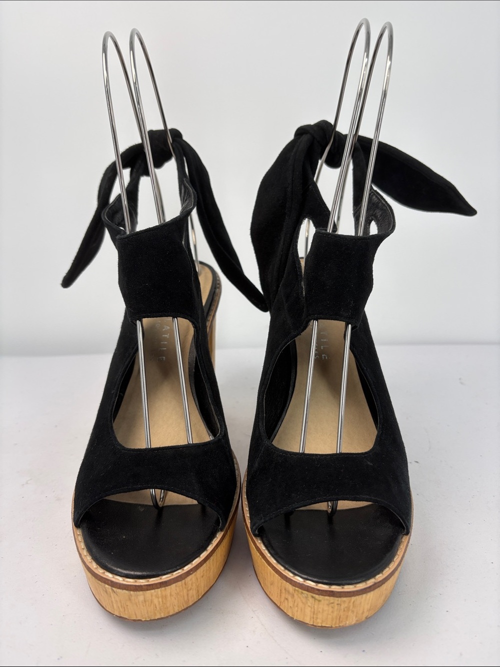 π Very Volatile Black Suede Platform Sandals with Wood Block Heel and Ankle Tie - Picture 2 of 10